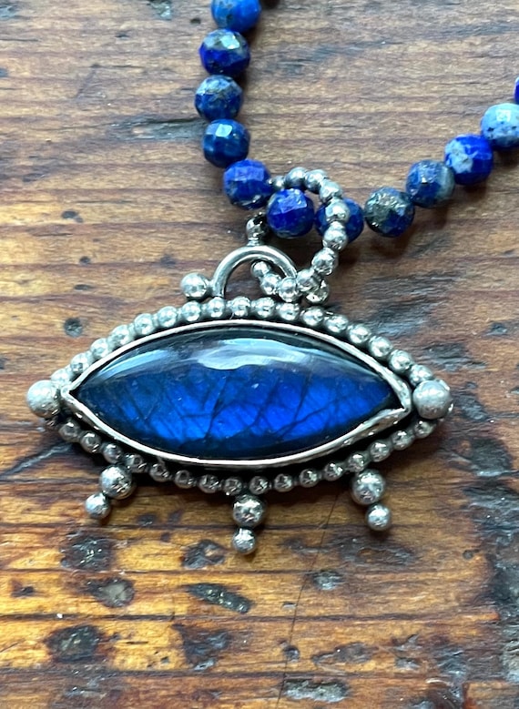 Labradorite and Sterling Pendant with Lapis Beads