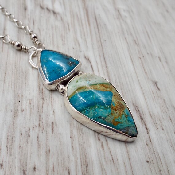 Morenci Turquoise and Peruvien Opal Gemstone Pendant/Necklace Teardrop and Triangle Shaped Stones with Sterling Setting and Chain