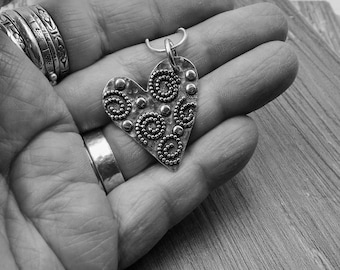 Silver Heart Pendant with Spirals and Polka Dots