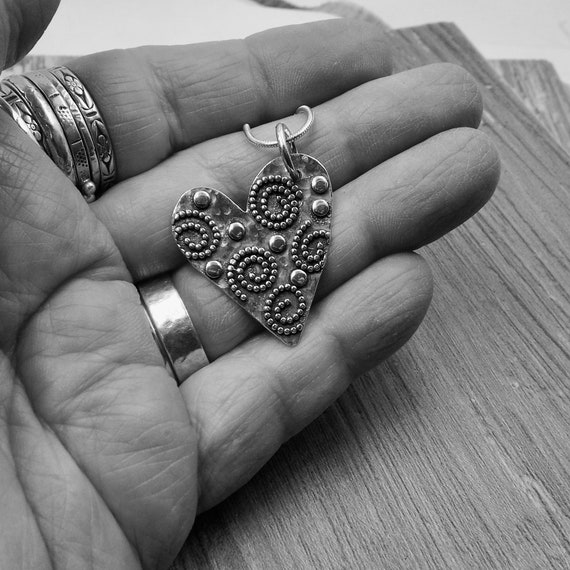 Silver Heart Pendant with Spirals and Polka Dots