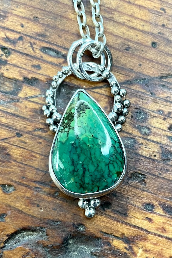Tibetan Turquoise in a Sterling Silver Pendant, Tree Forest GreenGemstone