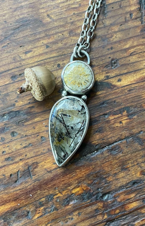 Fossil Coral, Sterling Silver and Rutilated Quartz Pendant