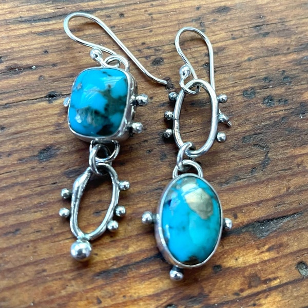 Kingman Turquoise Unusual, Asymmetrical Silver Earrings