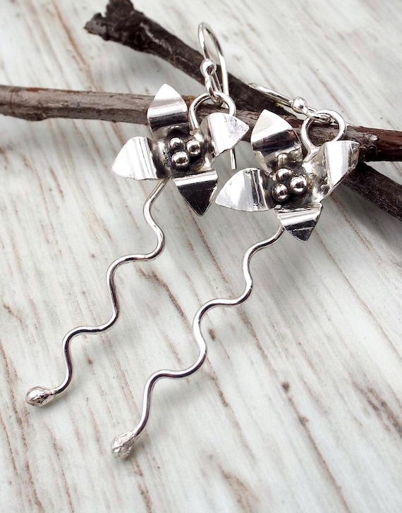 Sterling Flower Earrings with Wavy Stems,