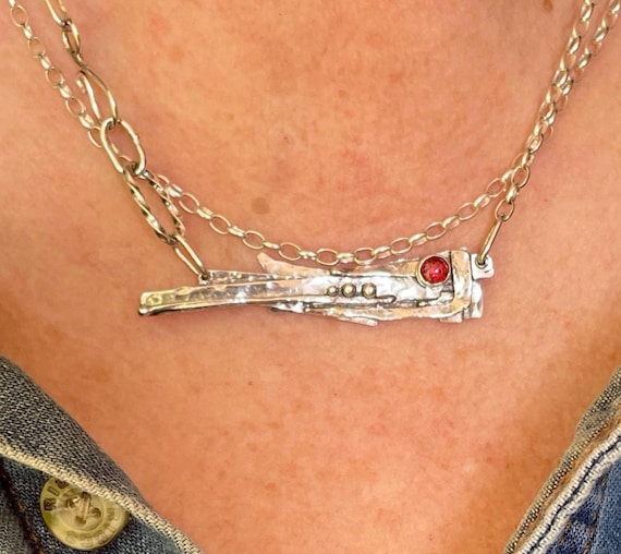 Abstract Pendant Garnet Double Strand Silver Necklace with Front Handmade S Hook