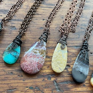 Gemstone Pendants From Indonesia, Copper Wire Wrapped Natural Stones on Copper Plated Chain
