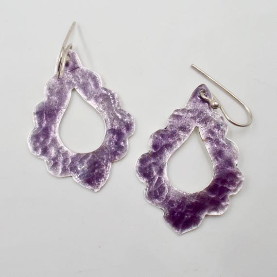 Blue or Purple Earrings, Scalloped Teardrop Shaped  Fine Silver and Transparent Enamel Jewelry
