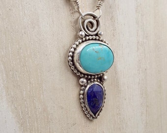 Kingman Turquoise and Faceted Lapis Pendant with Sterling Silver Chain