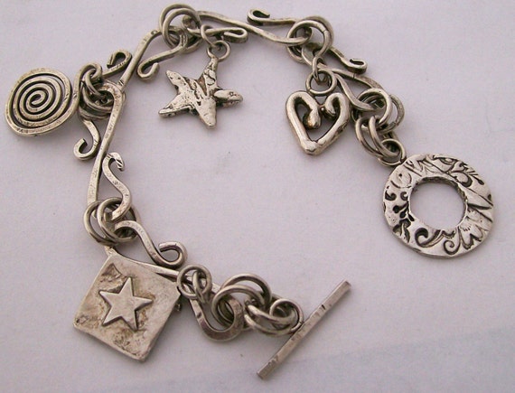 Sterling S-hook Charm Bracelet, Hammered Links, Toggle Clasp, Heart, Star,  Spirals 