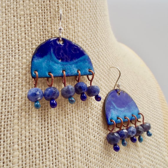 Cobalt Blue Enamel Wave Earrings with Faceted Sodalite Bead Dangles
