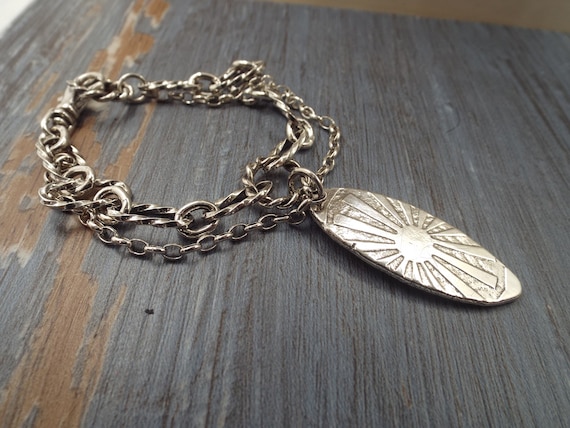 Silver Bracelet Double Chain, Sunburst Oval Charm, Lobster Clasp