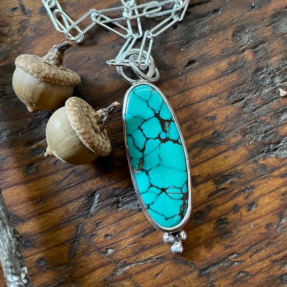 Spiderweb Hubei Turquoise and Sterling  Pendant with Silver Paperclip Chain
