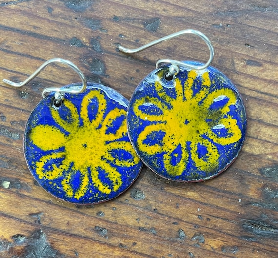 Enamel, Sterling and Copper Earrings, Rustic and Colorful Flowers