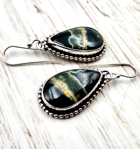 Cream Jasper Teardrop Earrings, Sterling Silver with Ball Wire Trim, Southwestern Style