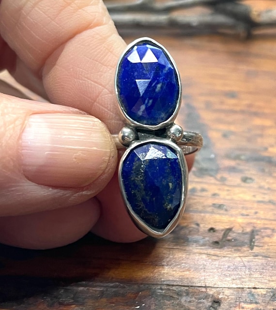 Rose Cut Lapis Stones Ring in Sterling Silver, Size 7