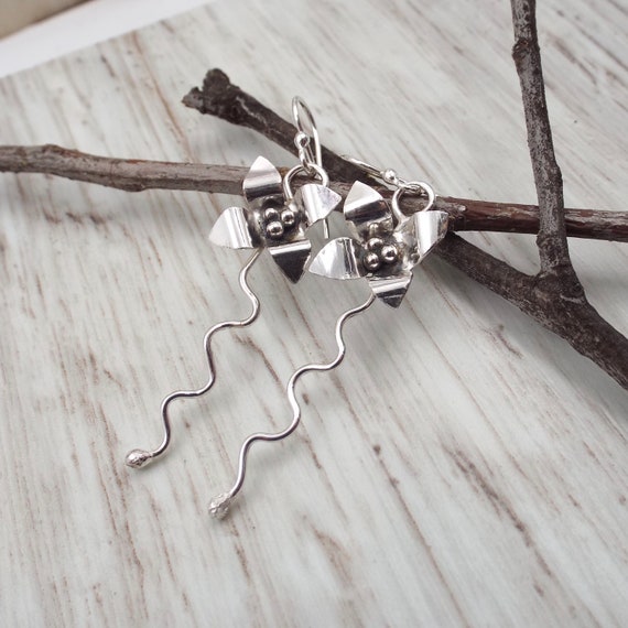 Sterling Flower Earrings with Wavy Stems,