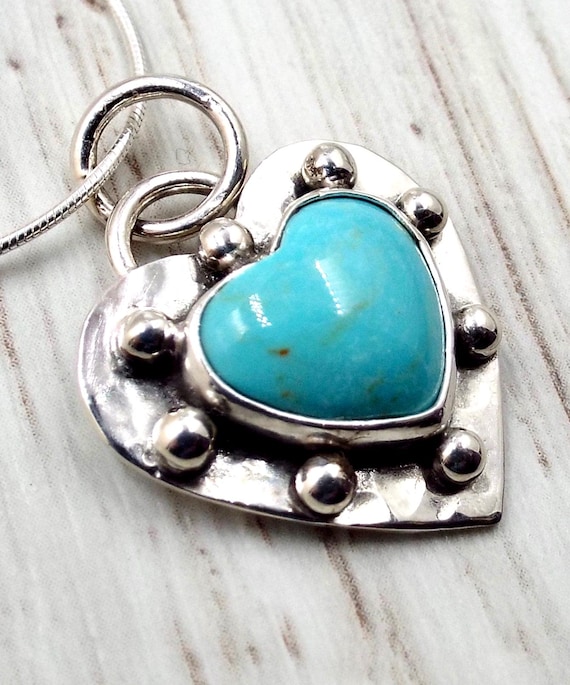 Kingman Turquoise Heart Pendant with Hammered Silver and Silver Balls