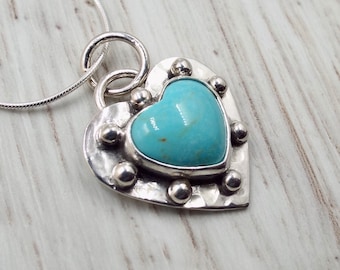 Kingman Turquoise Heart Pendant with Hammered Silver and Silver Balls