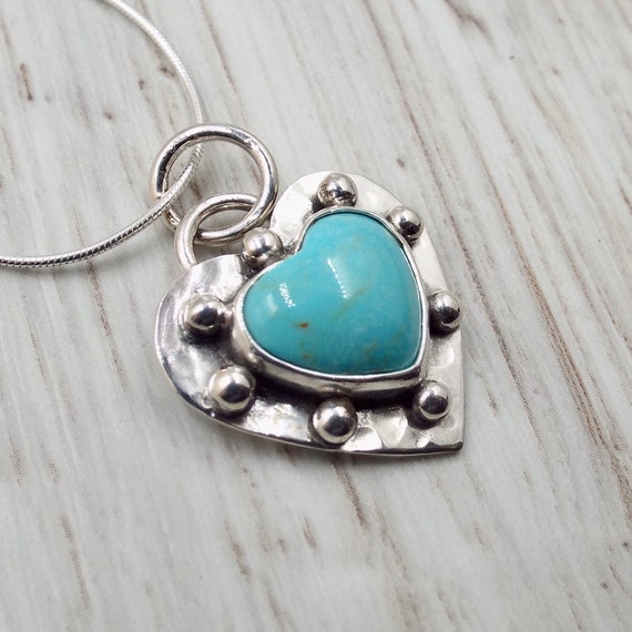 Kingman Turquoise Heart Pendant with Hammered Silver and Silver Balls