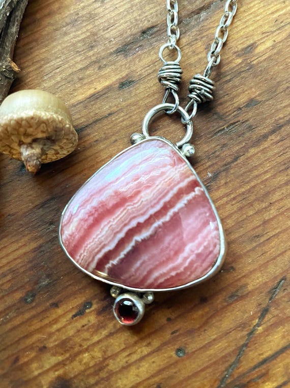Rhodochrosite, Garnet and Sterling Silver Pendant with Integral Chain, Adjustable Length