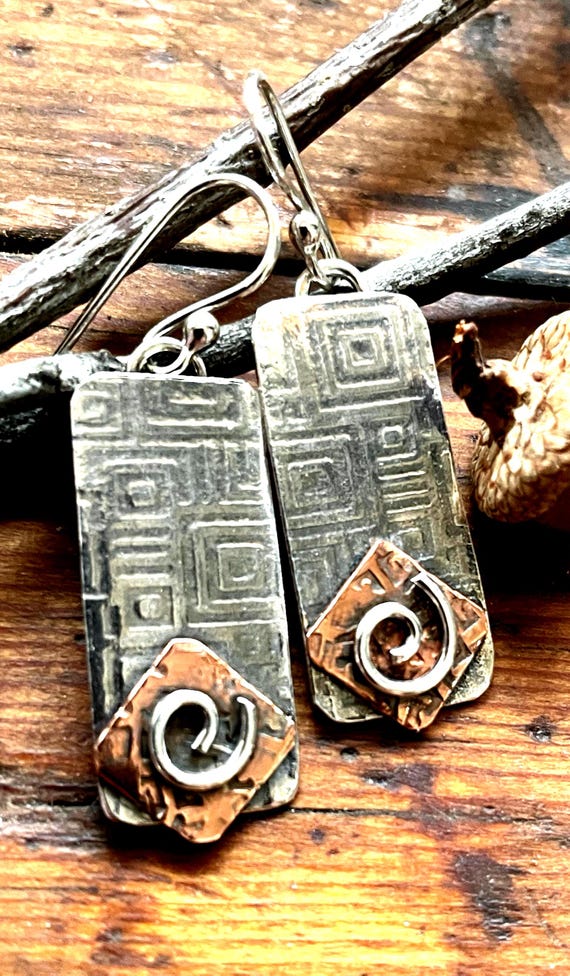 Patterned Rectangle and Square Earrings in Sterling Silver and Copper, Mixed Metal Jewelry