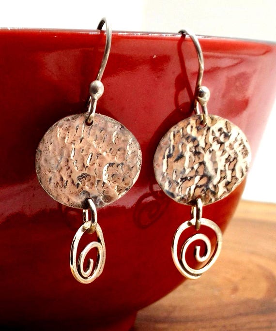 Hammered Sterling Oval Earrings With Spiral Dangles, Silver Earrings