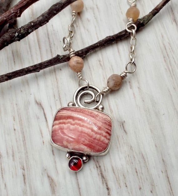 Rhodochrosite and Garnet Pendant, Necklace Sterling Silver Setting and Chain with Faceted Moonstone Beads