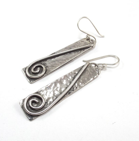 Hammered Sterling Long Rectangle Earrings with Spiral Accents