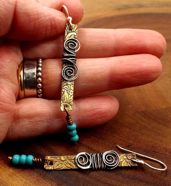 Mixed Metal Earrings With Patterned Brass, Sterling And Turquoise Glass Beads