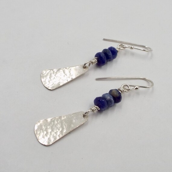 Hammered Silver Triangle Earrings With Faceted Sodalite Beads, Sterling And Gemstone Earrings