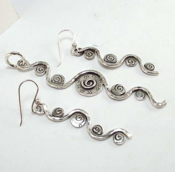 Sterling Pendant and Earring Set,  Hammered Disks with Wavy, Organic Forms