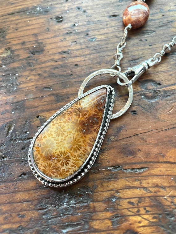 Fossil Coral Teardrop Pendant with Coral Beads, Flower Patterned Fossil Stone, Sterling Silver Necklace