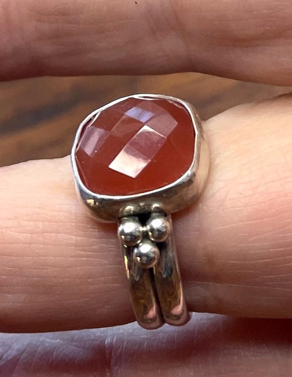 Red Checkerboard Carnelian and Silver Ring