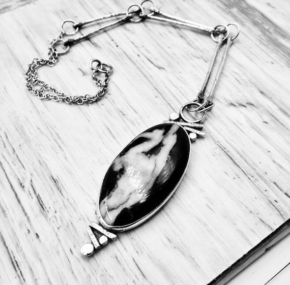 Price Reduced! Zebra Jasper With Handmade Bone Style Necklace Black, White And Silver