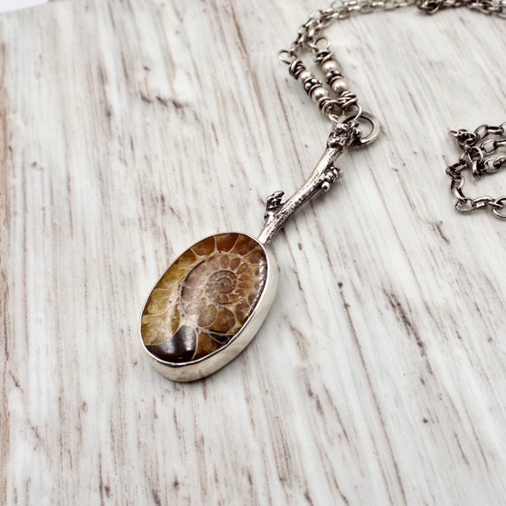 Ammonite and Silver Twig Pendant with Oxidized Beaded Chain