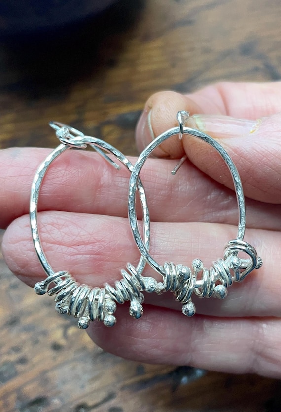 Hammered Hoops Sterling Hoop Earrings with Silver Dangles