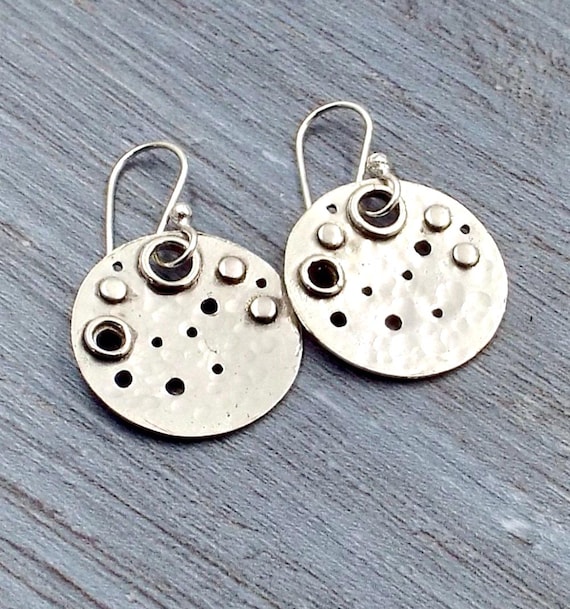 Moon Crater Earrings, Circles with Holes, Dots and Hammered Texture Embellishments