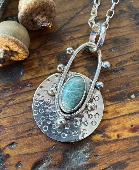 Amazonite Pendant Circle with Silver Balls, Oval Accent