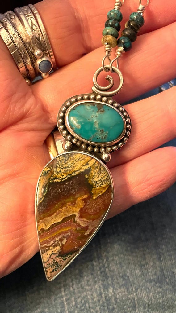 Kingman Turquoise & Ribbon Jasper Sterling Silver Pendant Necklace