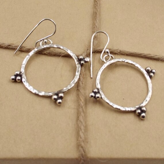 Hammered Hoops With Bead Cluster Details, Sterling Silver Earrings