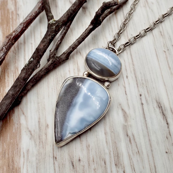 Namibian Opal Gemstone Pendant and Necklace, Blue and Brown/Black Opals, Sterling Setting and Chain