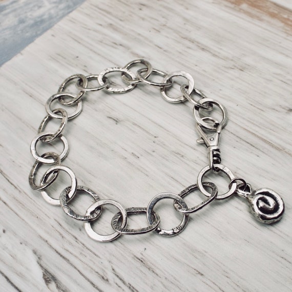 Fourteen Gauge Hammered Silver Link Bracelet With Charm And Lobster Clasp Oval And Round Links