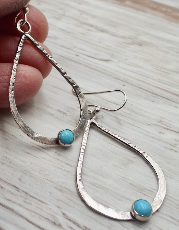 Turquoise and Hammered Sterling Teardrop Earrings, Southwestern Style
