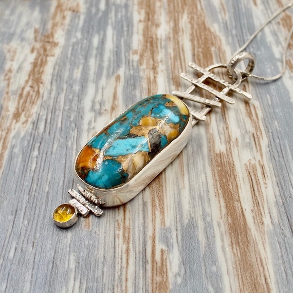 Turquoise And Spiny Oyster, Blue Gold Turquoise Stone In A Silver Setting With A Citrine Accent Stone