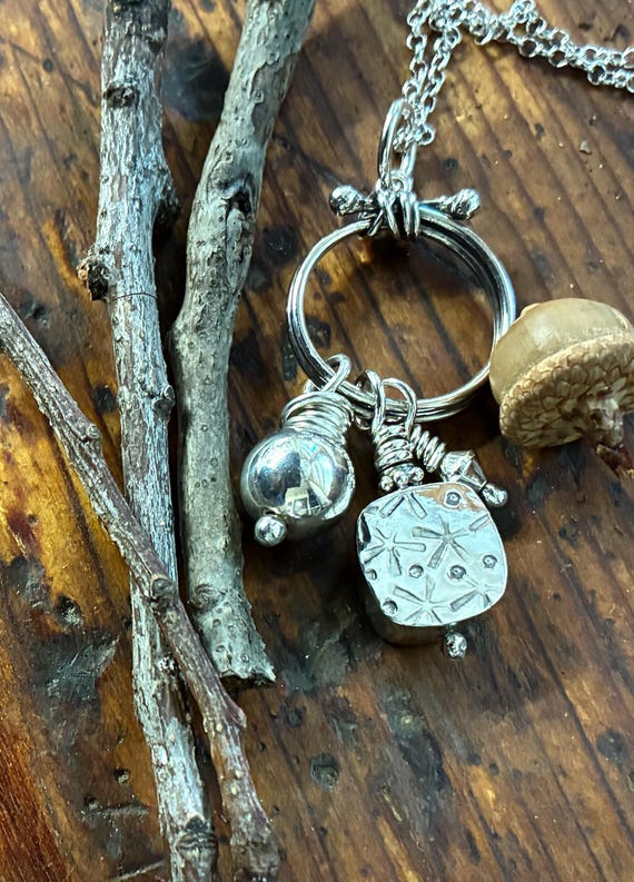 Sterling Silver Necklace, Handmade Square Bead, Wire Wrapped Double Ring Circle