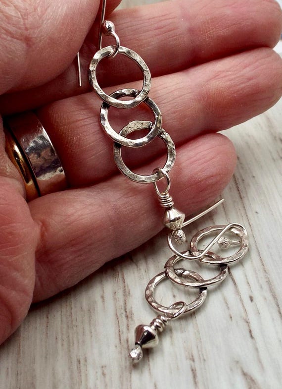 Hammered Three Rings Silver Earrings with Sterling Bead Dangles