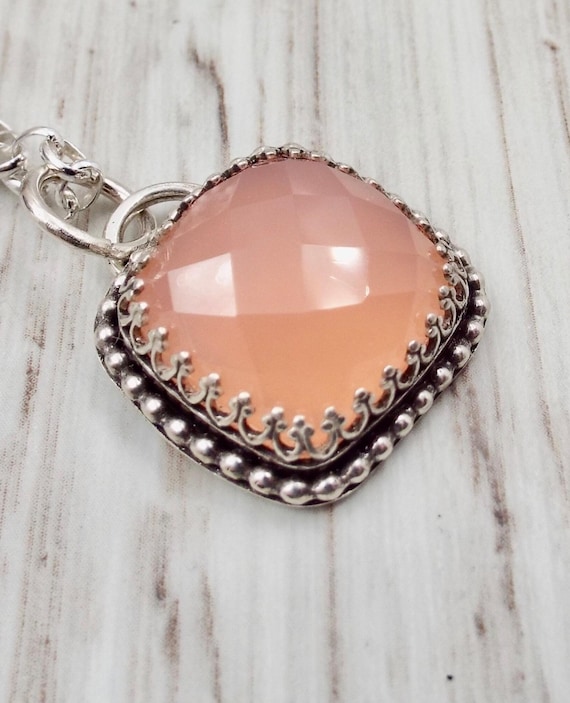 Checkerboard Cut Pink Chalcedony Pendant, Princess Trim Silver Necklace