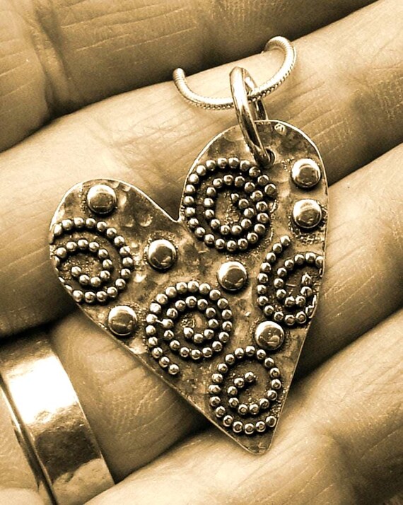 Silver Heart Pendant with Spirals and Polka Dots