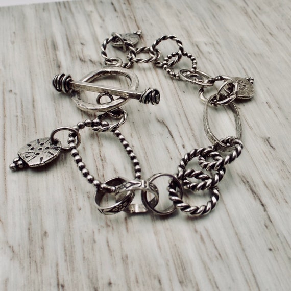 Sterling Link Bracelet With Patterned Links, Bead Wire Links, Twisted Links. Large Toggle Clasp, Hammered Charms