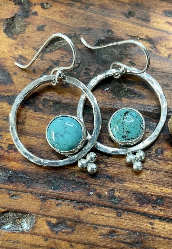 Hammered Sterling Hoops and Tibetan Turquoise Earrings
